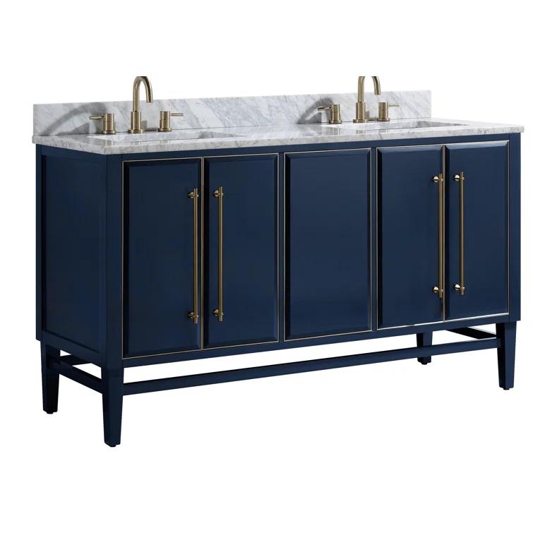 Navy Blue and Gold Double Sink Vanity with Marble Top
