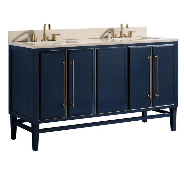 Navy Blue and Gold Double Sink Vanity with Marble Top