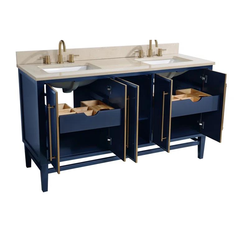 Navy Blue and Gold Double Sink Vanity with Marble Top