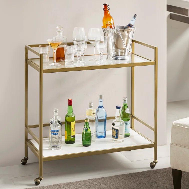 Martha Stewart Lionel 2-Tier Bar Cart with Glass Top and Ceramic Shelf