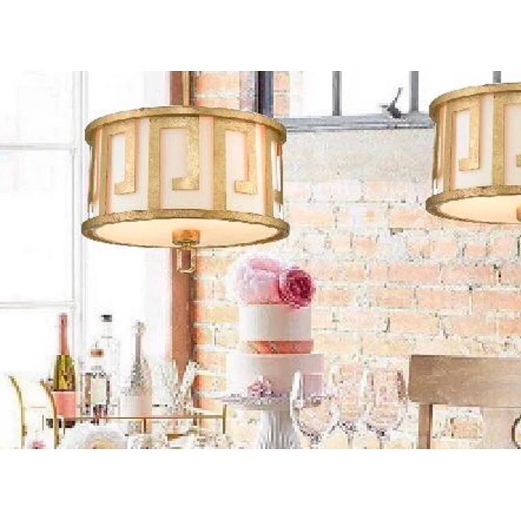 Distressed Gold Drum 2-Light Pendant with Fabric Shade