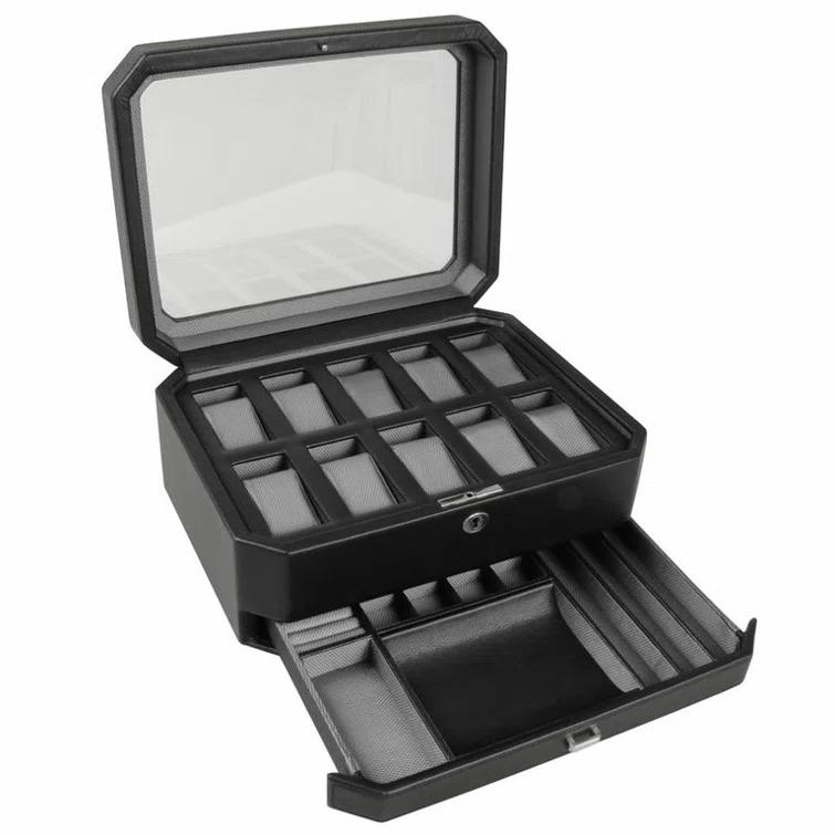 Windsor Mid-Century Black Faux Leather 10-Piece Watch Box with Drawer