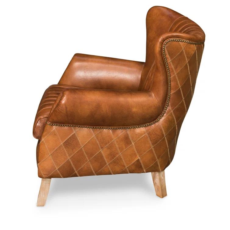 Transitional Bugatti Brown Leather & Wood Wingback Arm Chair