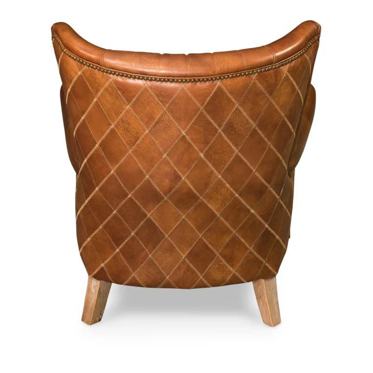 Transitional Bugatti Brown Leather & Wood Wingback Arm Chair