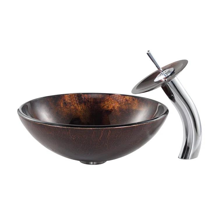 Glass Circular Vessel Bathroom Sink with Faucet