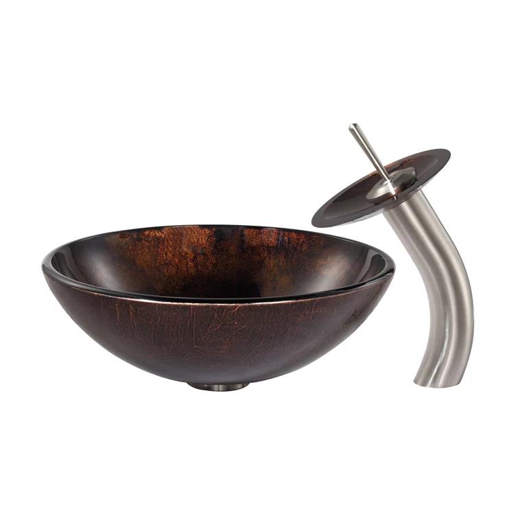 Glass Circular Vessel Bathroom Sink with Faucet