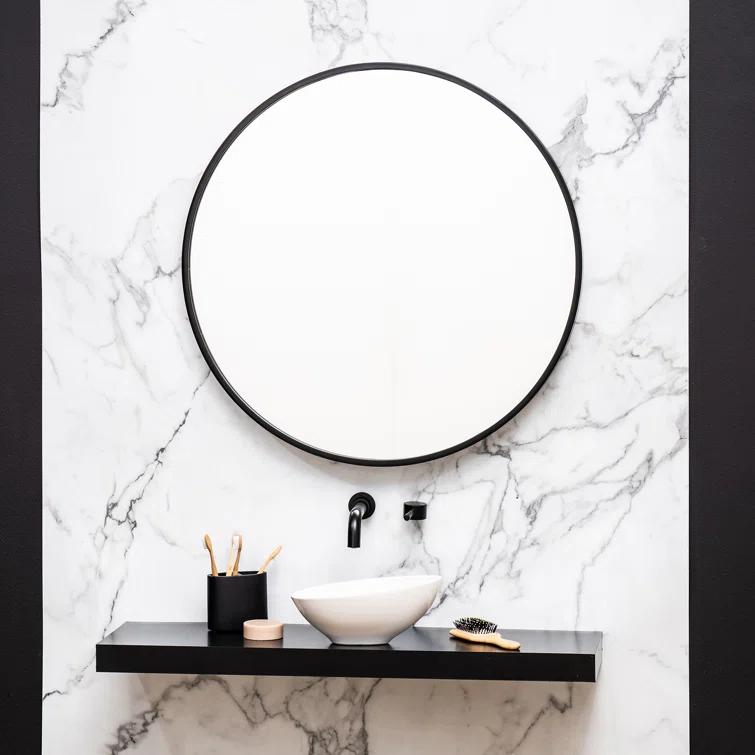 Luna 30" Round Black Matte Wood Wall Mirror