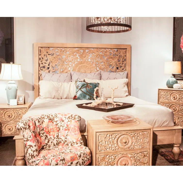 Transitional Heirloom Mango Wood Queen Platform Bed with Carved Headboard