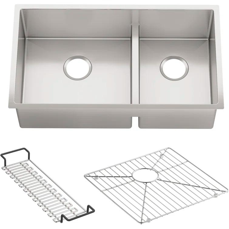 Strive 32" L x 18-5/16" W x 9-5/16" Smart Divide Under-Mount Large/Medium Double-Bowl Kitchen Sink with Basin Rack