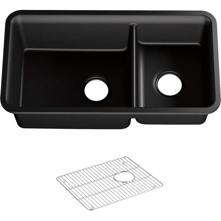 KOHLER K-8204-CM1 Cairn Sink, 33" Neoroc Composite Undermount Double-Bowl Kitchen Sink, Composite Kitchen Sink with Sink Rack, Matte Black