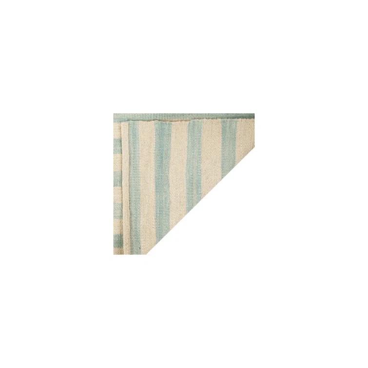 Small Sky Blue and White Wool Stripe Area Rug