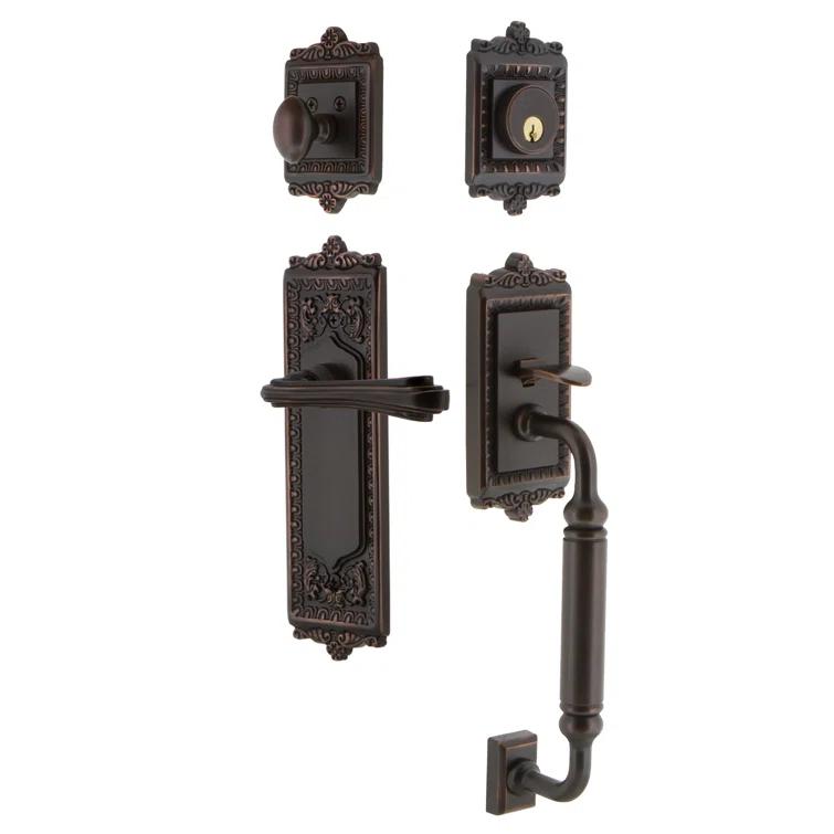 Nostalgic Warehouse Egg & Dart Plate C Grip Handleset with Single Cylinder Deadbolt and Fleur Lever