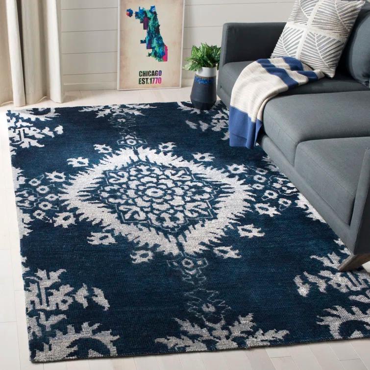 Stone Wash Hand Knotted Wool/Viscose/Cotton Ikat Rug in Indigo
