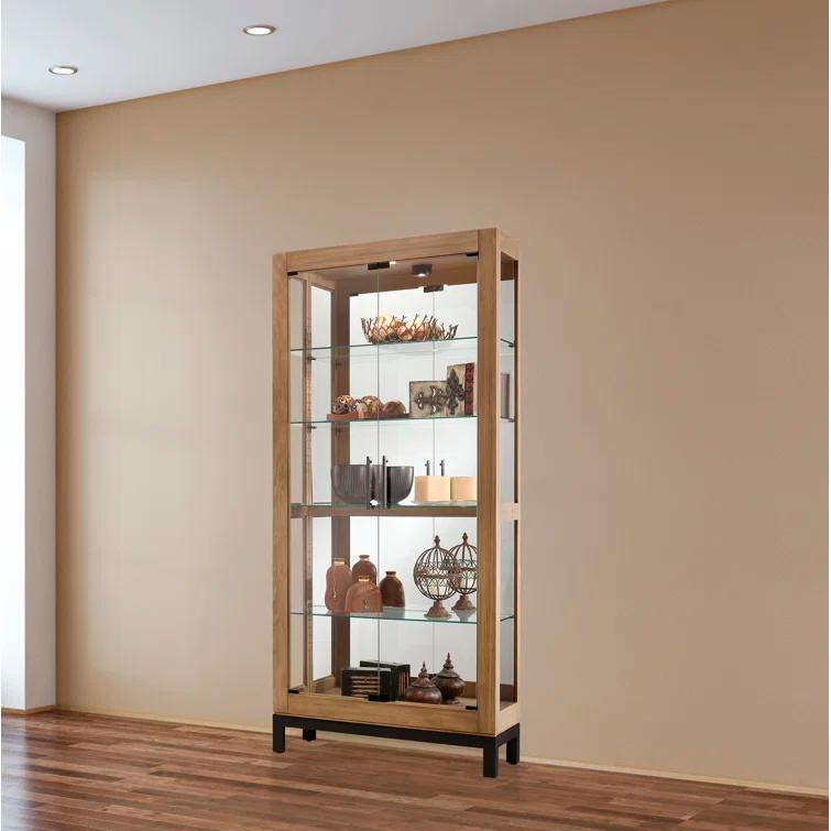 Transitional Aged Natural Lighted Curio Cabinet with Charcoal Base