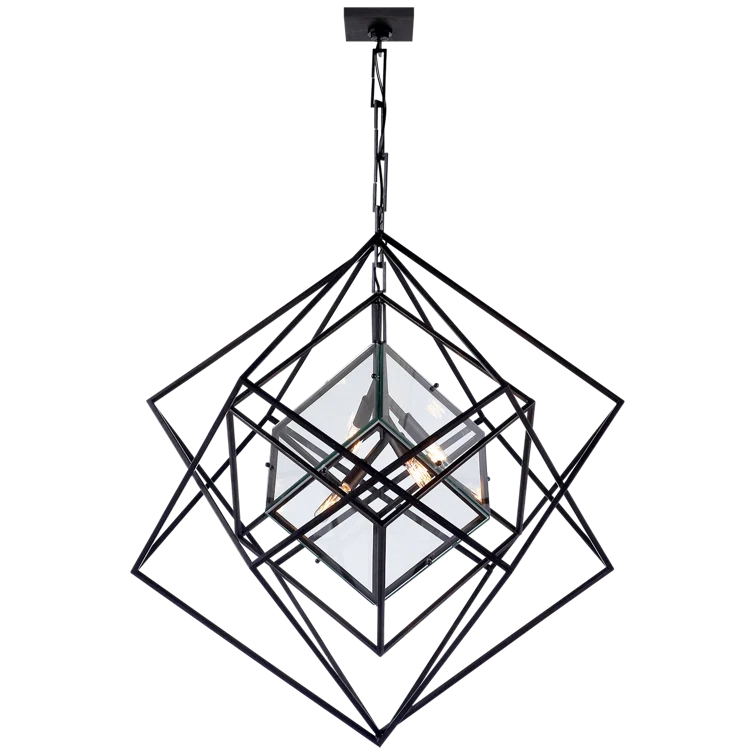 Aged Iron Cubist 4-Light Geometric Chandelier