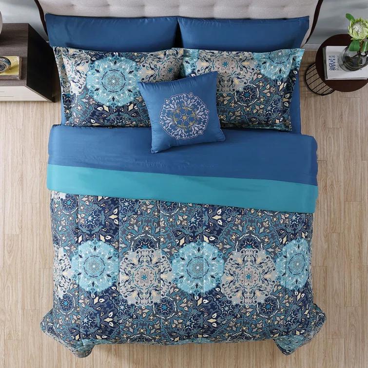 Modern Threads - Granada Collection Comforter Set - Reversible Microfiber - Elegant Printed 8-Piece Bed Set - Includes Comforter, Sheets, Shams, & Pillow - Luxurious Bedding
