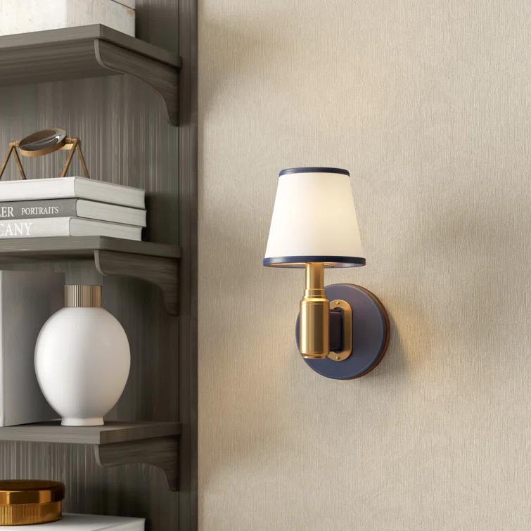 Polished Nickel and Chocolate Leather Sconce with Linen Shade