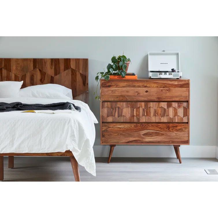 Deluxe Mid-Century Modern Sheesham Wood Queen Platform Bed with Storage