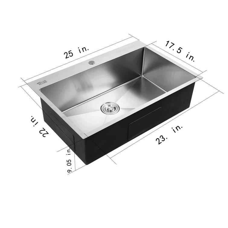 25 Inch Stainless Steel Drop-In Kitchen Sink, Single Bowl Topmount Sink