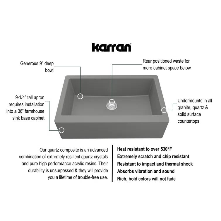 Karran Farmhouse/Apron-Front Quartz Composite 34'' X 21-1/4'' Single Bowl Kitchen Sink