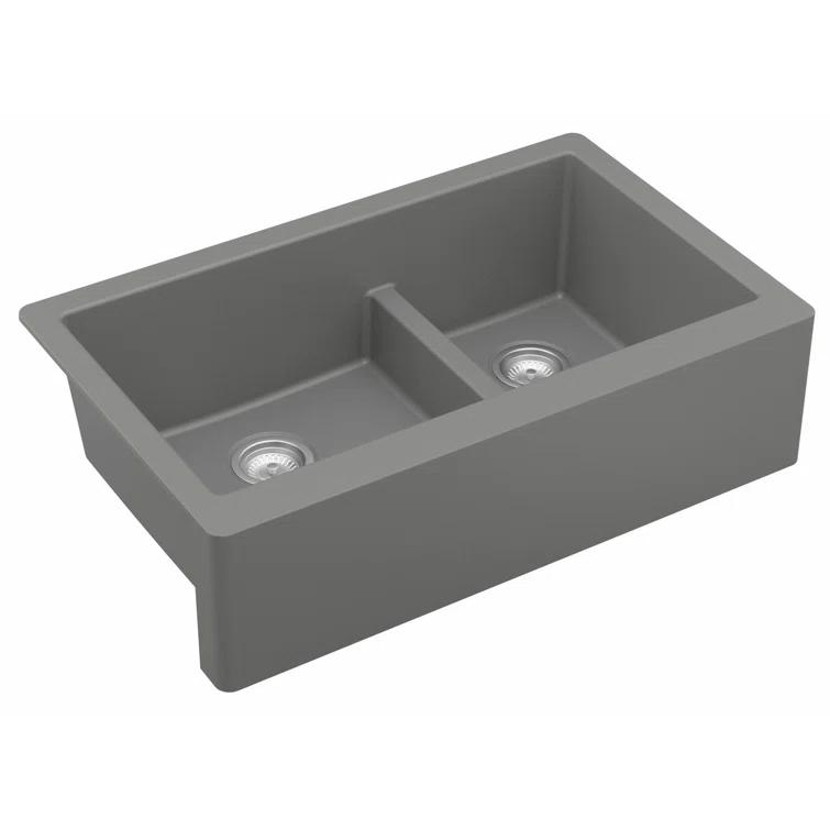 Karran Quartz 34'' X 21-1/4'' 60/40 Double Bowl Farmhouse/Apron Front Kitchen Sink Kit
