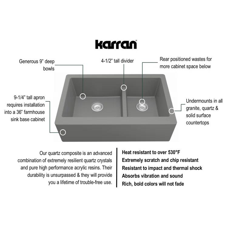 Karran Farmhouse Apron Front Quartz Composite 34'' X 21-1/4'' 60/40 Double Bowl Kitchen Sink