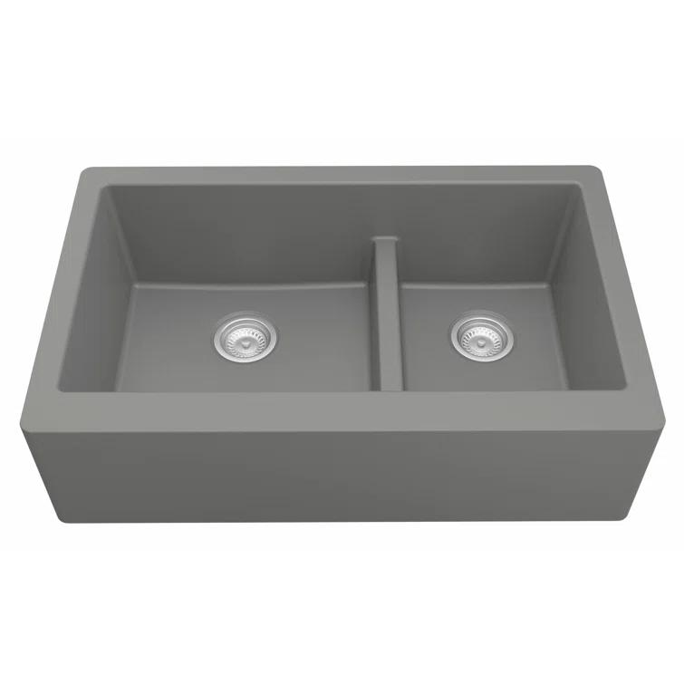 Karran Quartz 34'' X 21-1/4'' 60/40 Double Bowl Farmhouse/Apron Front Kitchen Sink Kit