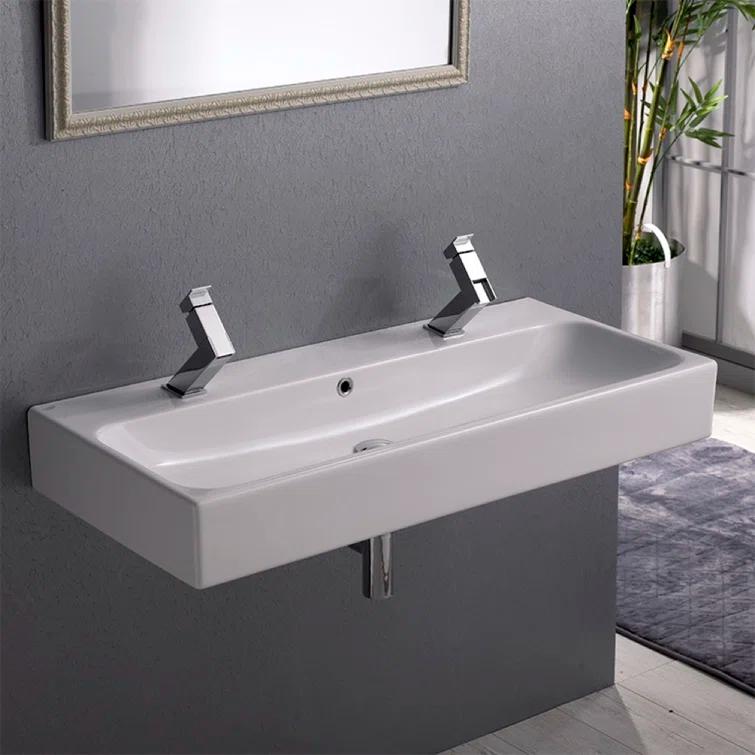 CeraStyle By Nameeks Pinto 18.3'' White Ceramic Rectangular Vessel, Wall Mount Bathroom Sink with Overflow