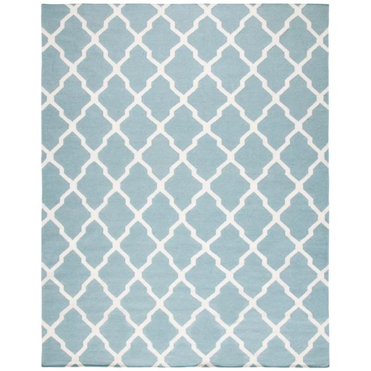 Dhurrie Hand Woven Flat Weave Wool/Cotton Geometric Rug in Light Blue/Ivory