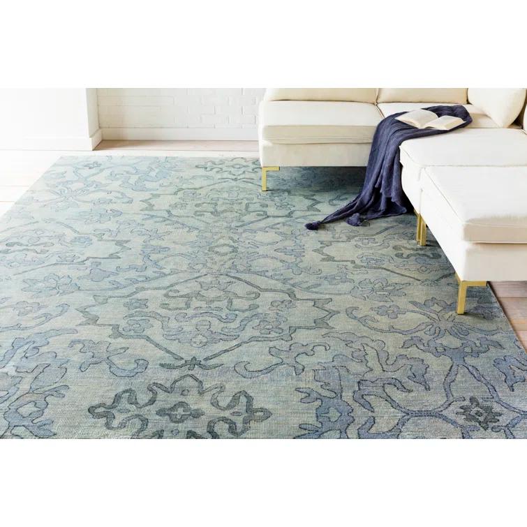 Blue Wool Hand-Knotted Floral 6' x 9' Area Rug
