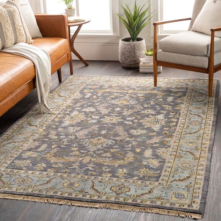 Hand-Knotted Blue and Charcoal Wool Rectangular Rug