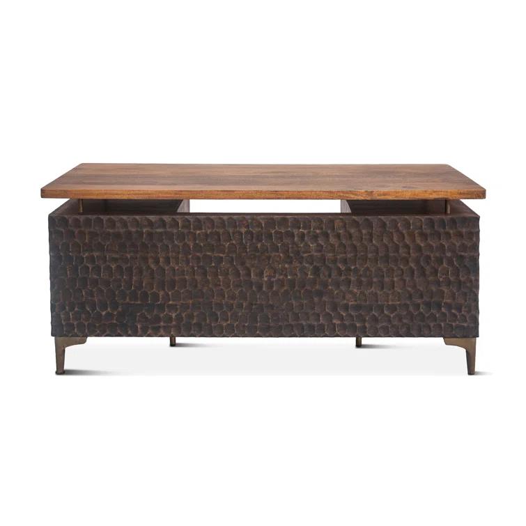 Raw Walnut Mango Wood Executive Desk with Circular Carved Accents