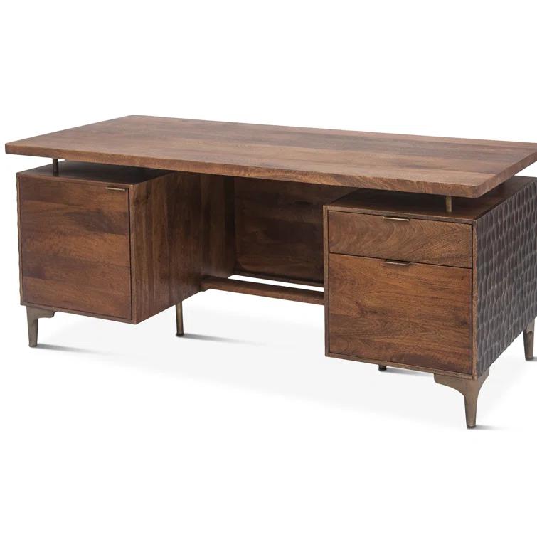 Raw Walnut Mango Wood Executive Desk with Circular Carved Accents