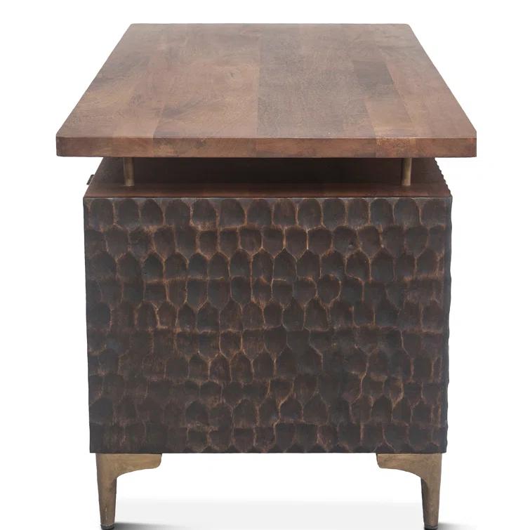 Raw Walnut Mango Wood Executive Desk with Circular Carved Accents