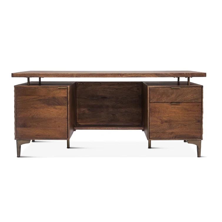 Raw Walnut Mango Wood Executive Desk with Circular Carved Accents