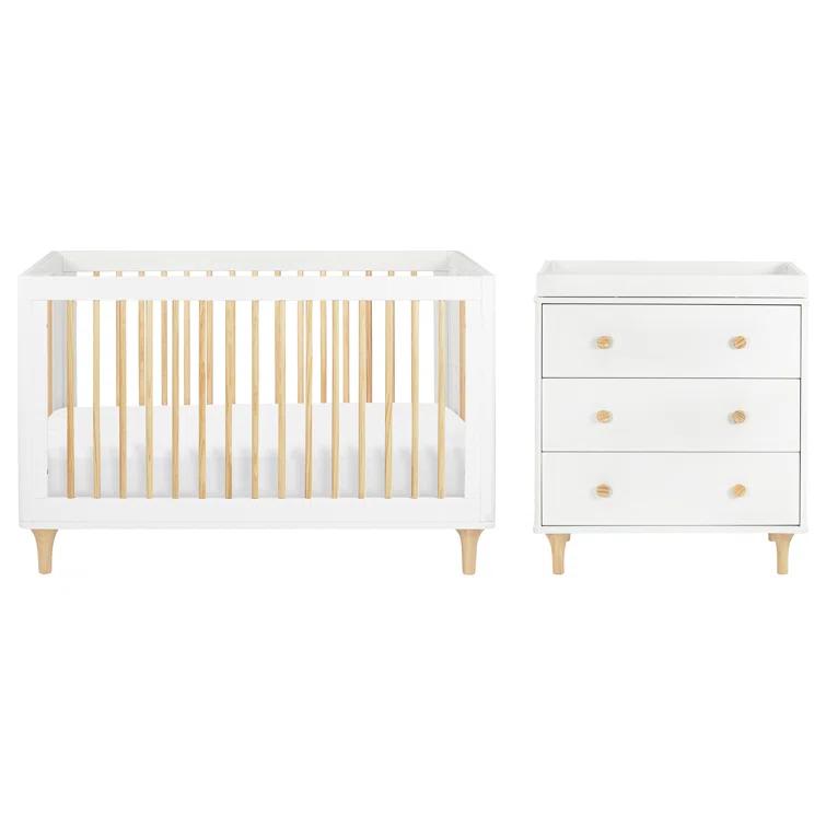 Babyletto Lolly White & Natural Wood 3-in-1 Convertible Baby Crib with Toddler Bed Conversion Kit