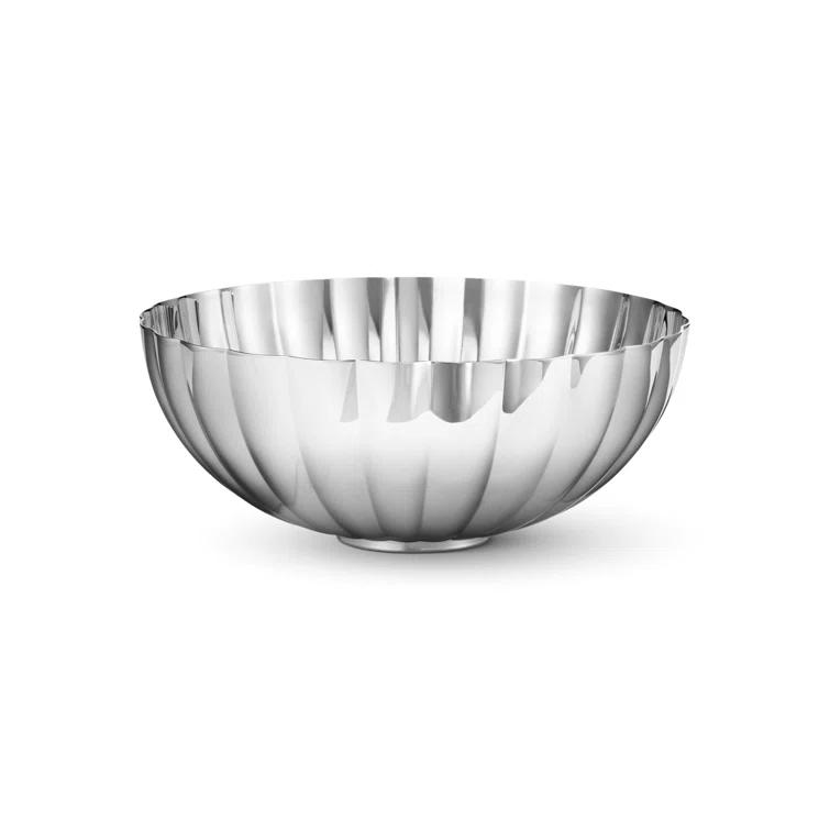 Medium Silver Stainless Steel Round Serving Bowl with Ridges
