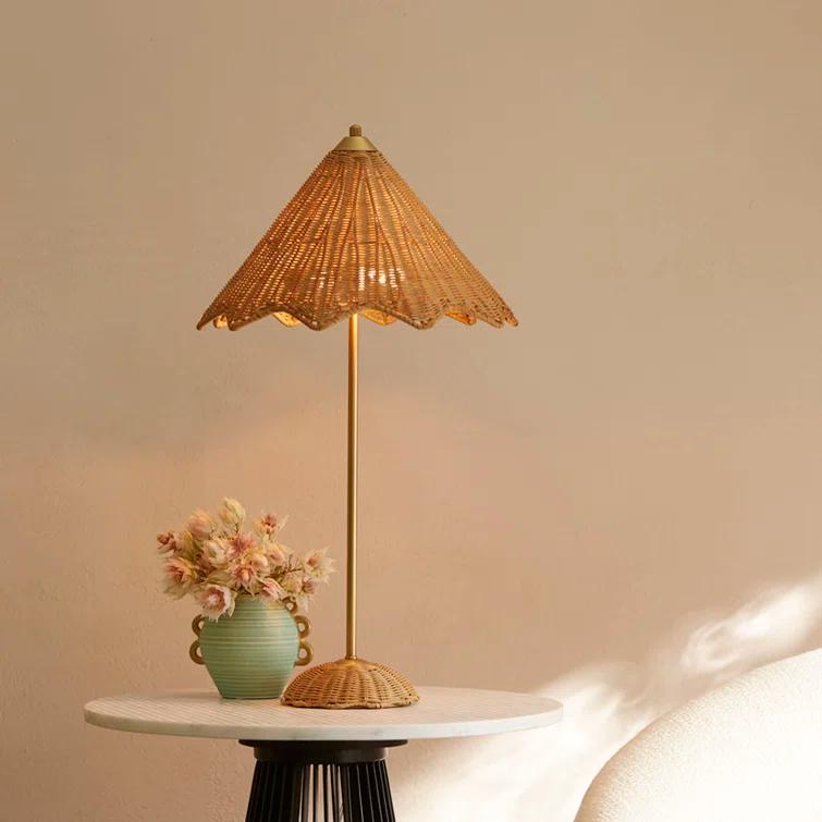 Antique Brass and Rattan Wicker Table Lamp, 28"
