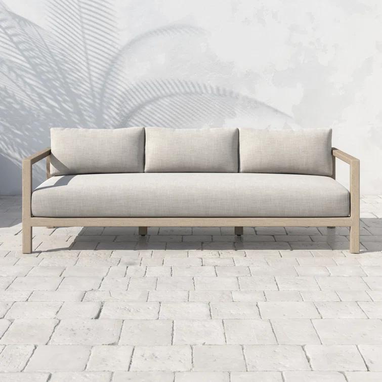 Gray Teak Wood Three-Seat Outdoor Stationary Sofa