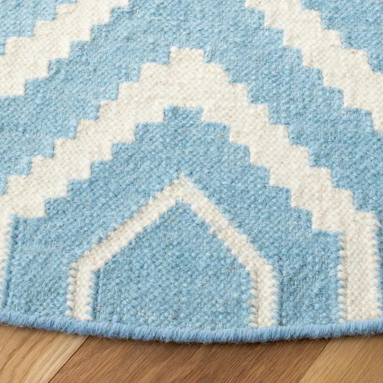 Dhurries Hand Woven Flat Weave Wool/Cotton Geometric Rug in Ivory/Blue