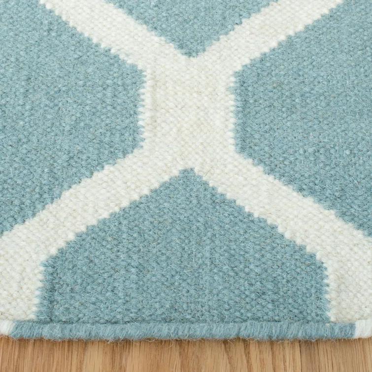 Dhurrie Hand Woven Flat Weave Wool/Cotton Geometric Rug in Light Blue/Ivory