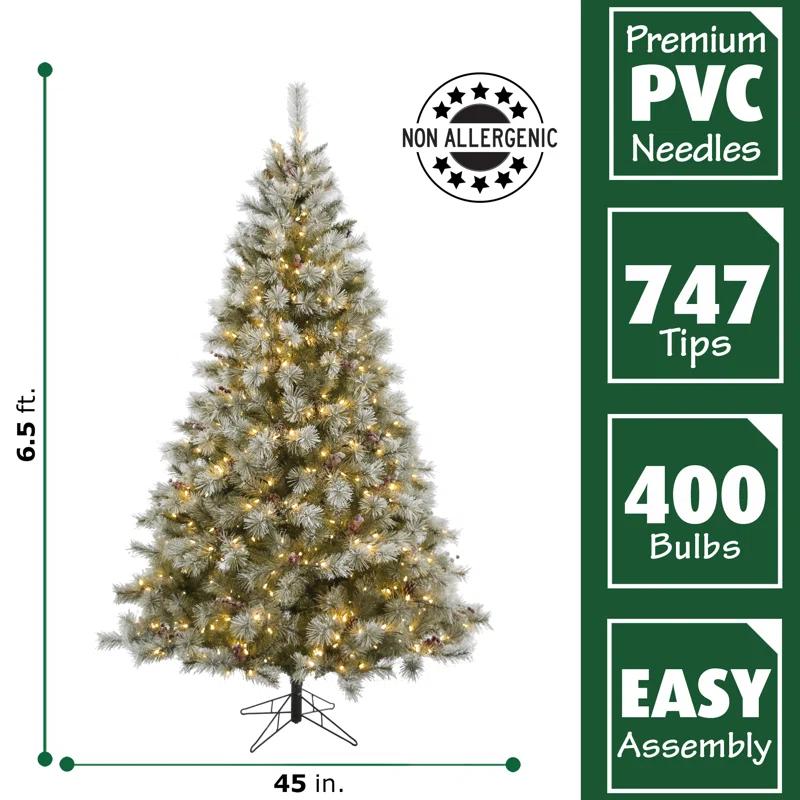 Fraser Hill Farm 6.5-Ft Prelit Homestead Pine Frosted Christmas Tree with EZ Connect Clear Smart Lights, Pinecones, and Berries