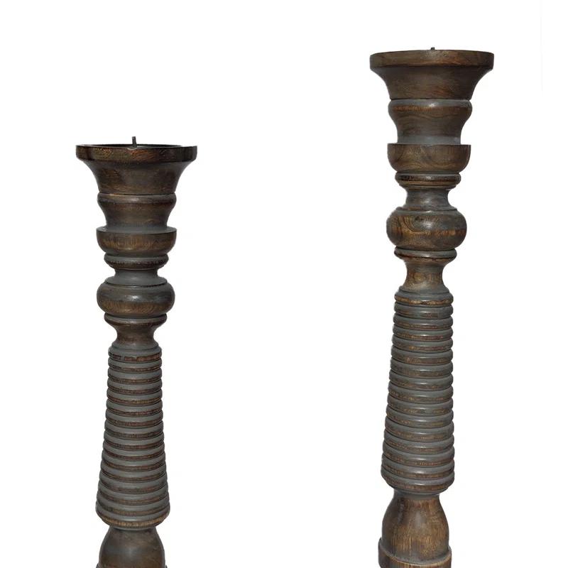 Mango Wood Handmade Decorative Light Gray Candle Holder Set (Set of 3)