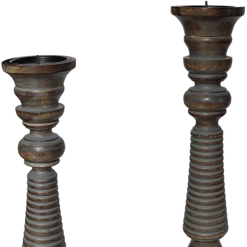 Mango Wood Handmade Decorative Light Gray Candle Holder Set (Set of 3)