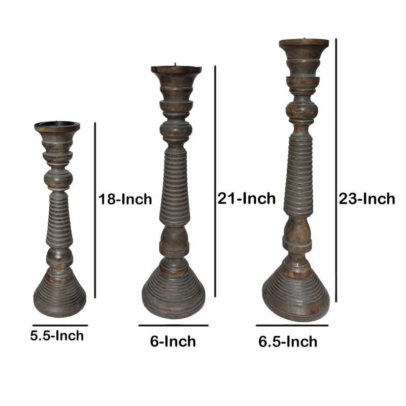 Mocha Brown Mango Wood Candlestick Trio with Gray Wash