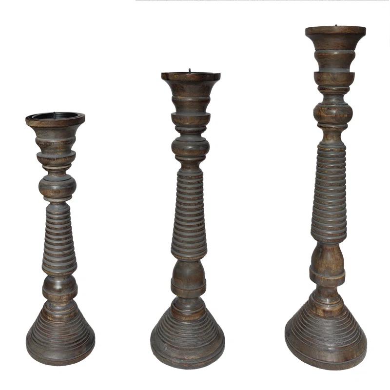 Mango Wood Handmade Decorative Light Gray Candle Holder Set (Set of 3)