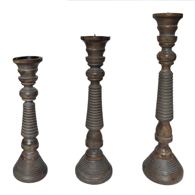 Mocha Brown Mango Wood Candlestick Trio with Gray Wash