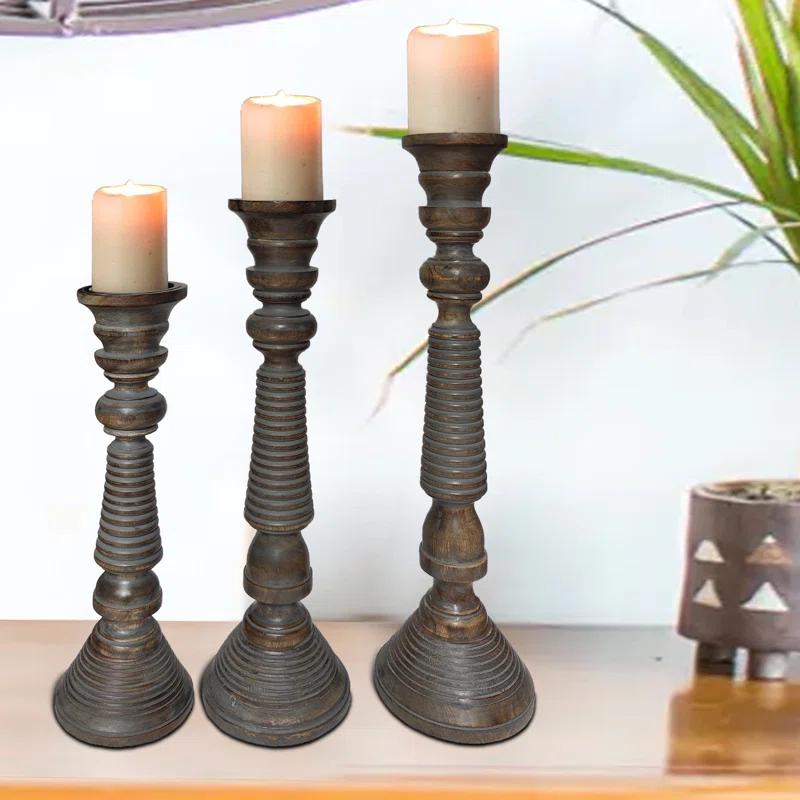 Mango Wood Handmade Decorative Light Gray Candle Holder Set (Set of 3)