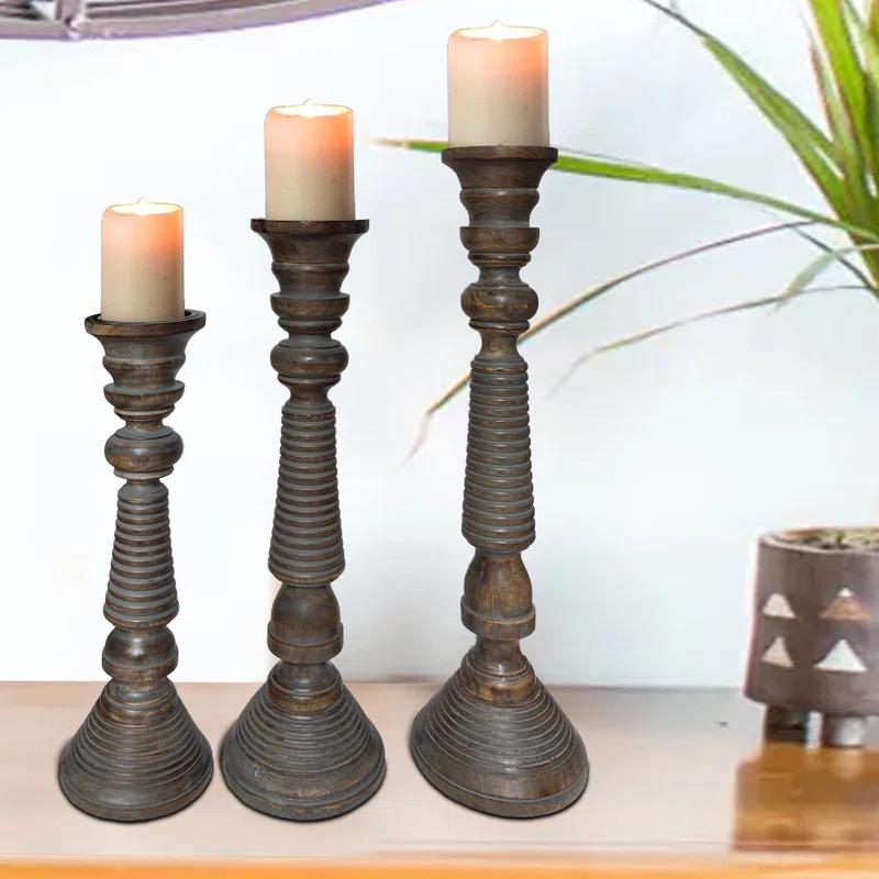 Mocha Brown Mango Wood Candlestick Trio with Gray Wash