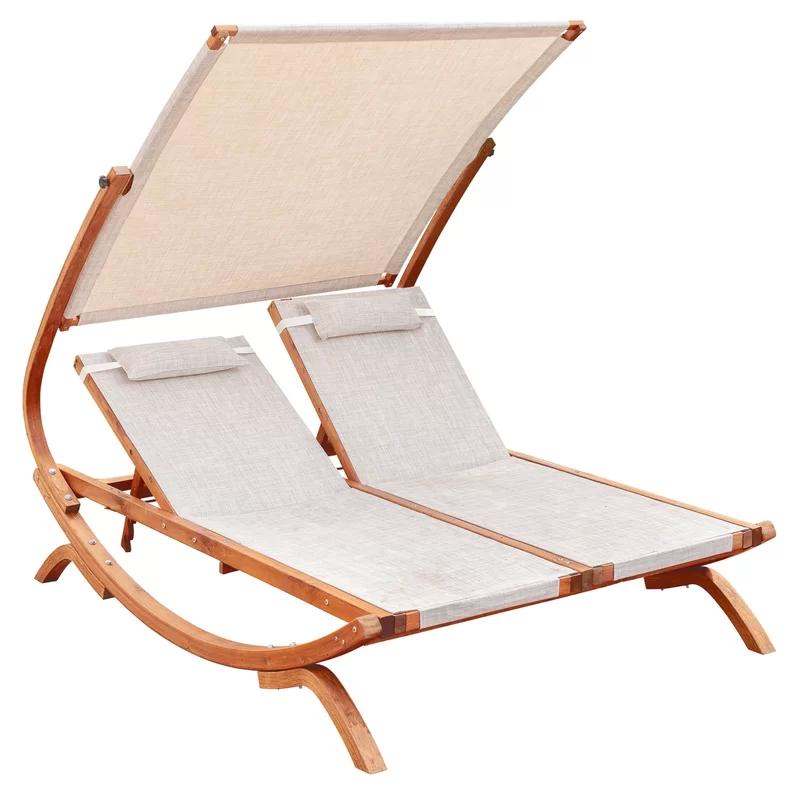 Transitional Teak Wood Double Reclining Lounge Chair with Canopy